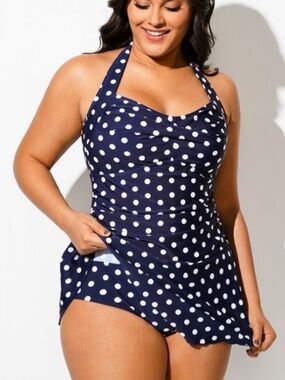 NEW Navy Halter Sweetheart Polka Dot Sexy Swimdress XL